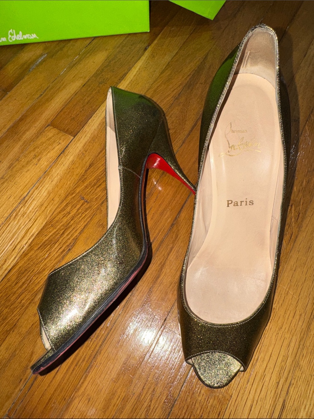 Christian Louboutin 4” Black Glitter Platform Peep Toe Heels